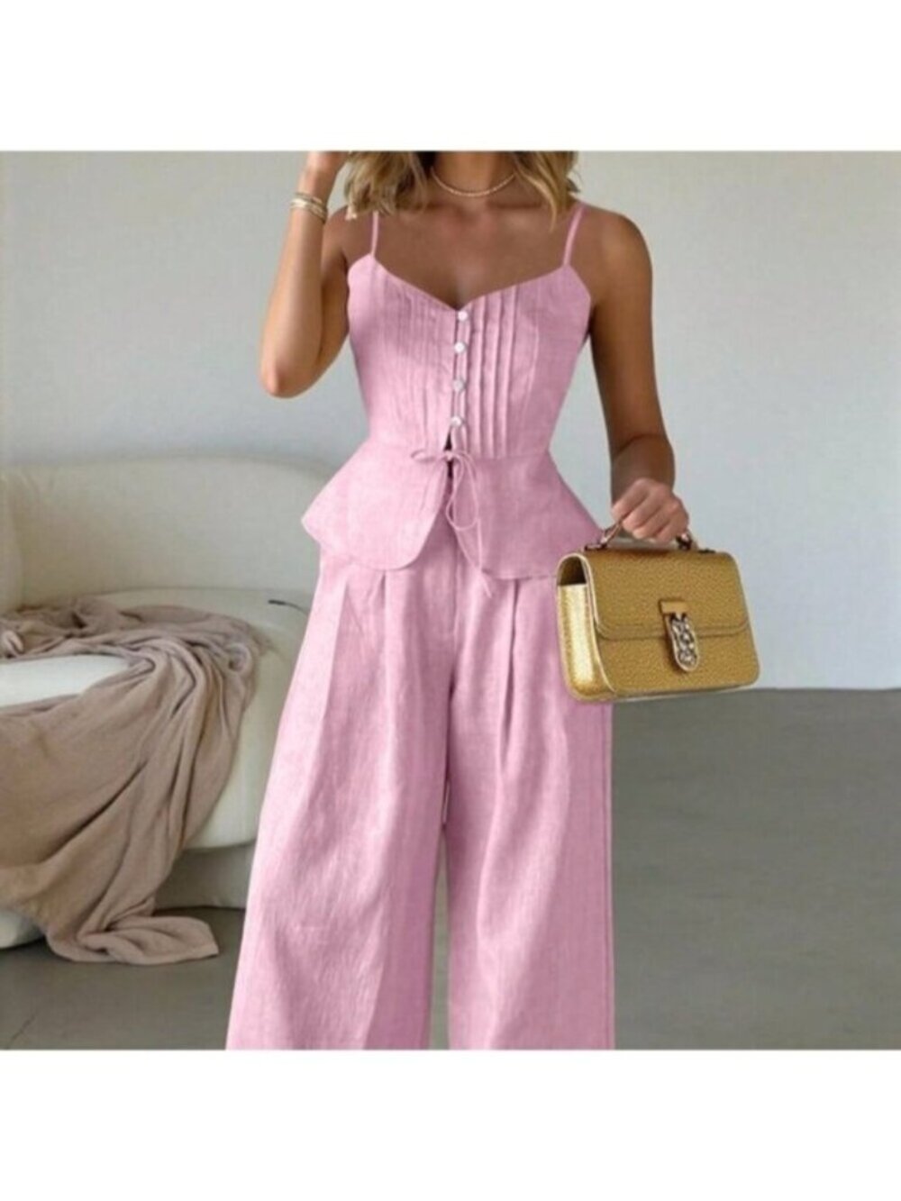 Pink Elegant Women's Casual Fitted Camisole And Wide Leg Pants